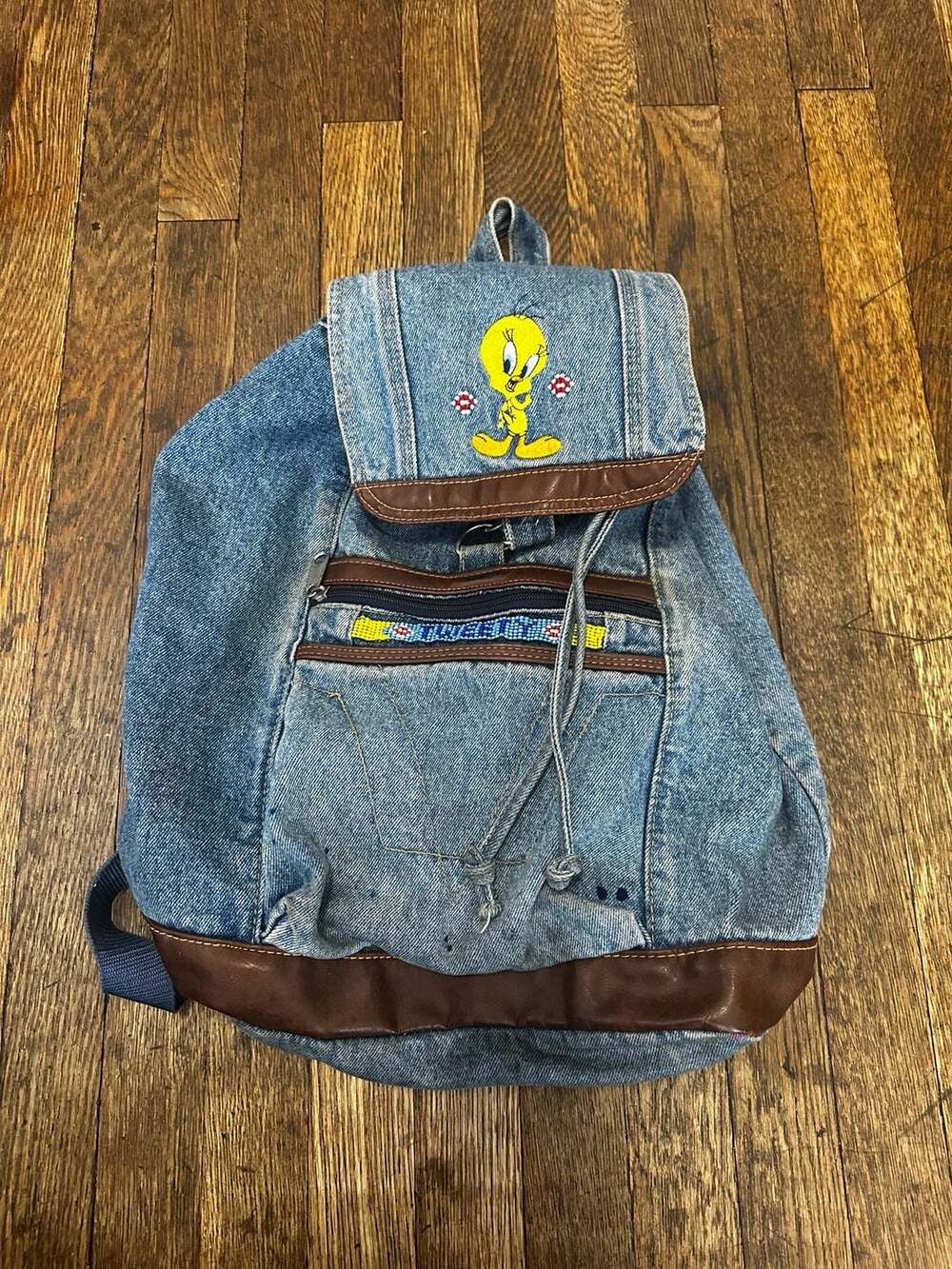 Vintage Looney Tunes Tweety Bird Denim Backpack with Beaded Detail